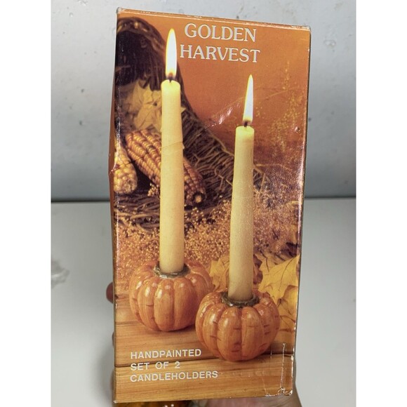 VNT Golden Harvest Pumpkin Candle Holders Set Of 2 Halloween Thanksgiving - Picture 7 of 7